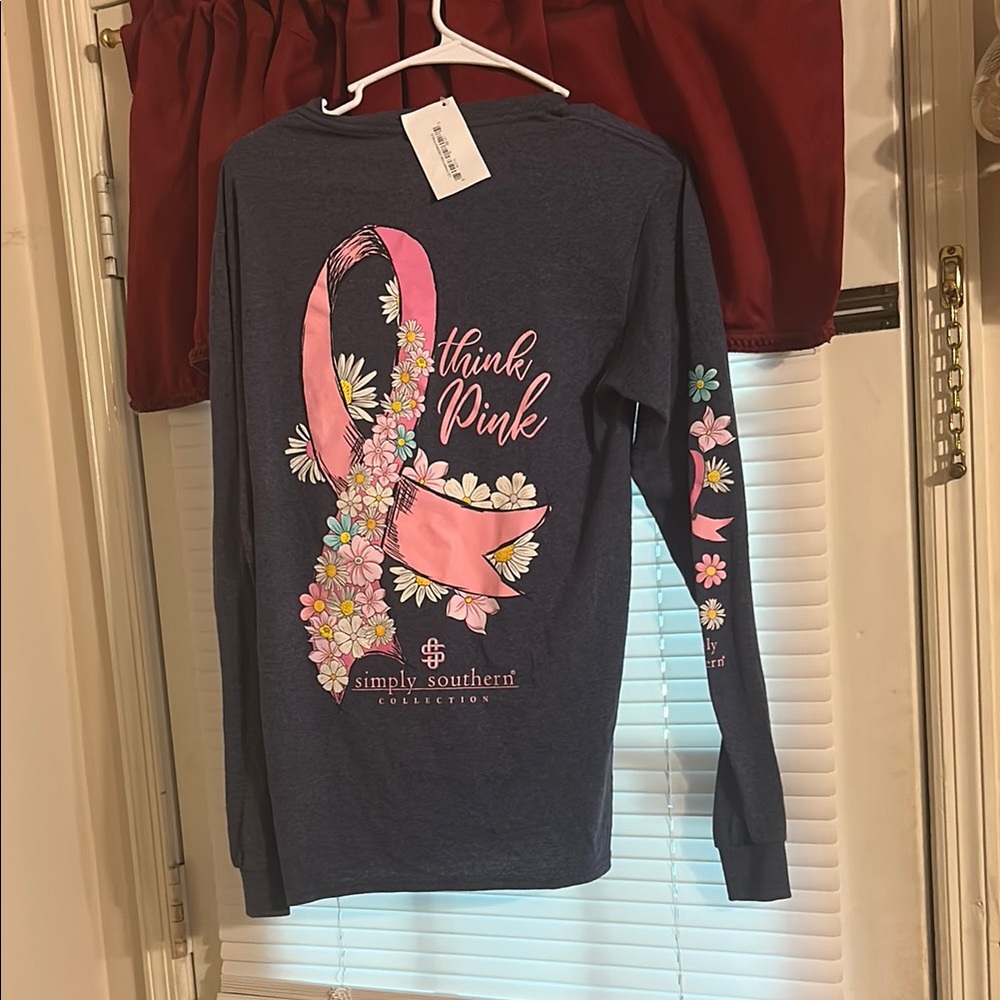 discontinued Simply Southern Pink Long Sleeve Tee with Floral Ribbon Design